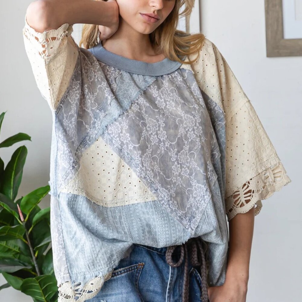 Oli & Hali Washed Mix Media Casual Top New Size Large